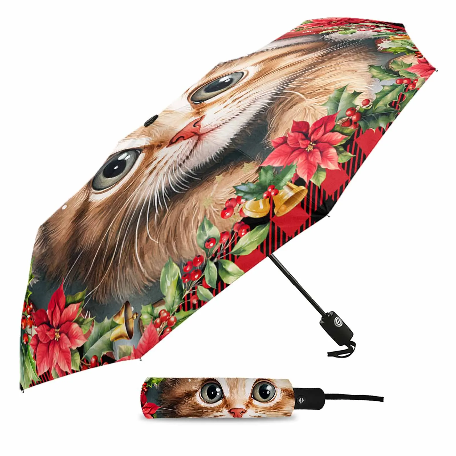 Cat Christmas Hat Jam Flower Automatic Umbrella for Rain Foldable Parasol Umbrella Eight strand Outdoor Umbrellas