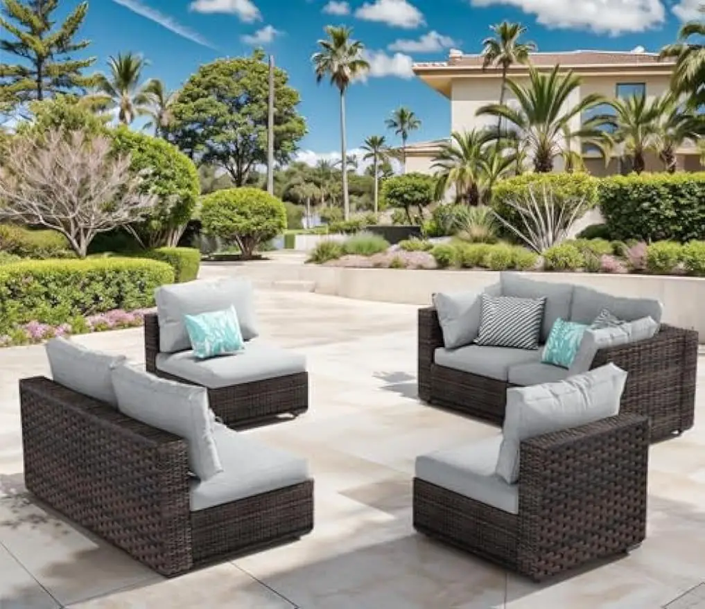 6 Piece Patio Furniture Set, Rattan Outdoor Patio Furniture Sets with Seat Cushions for Backyard (Grey, 6 Pieces Set)