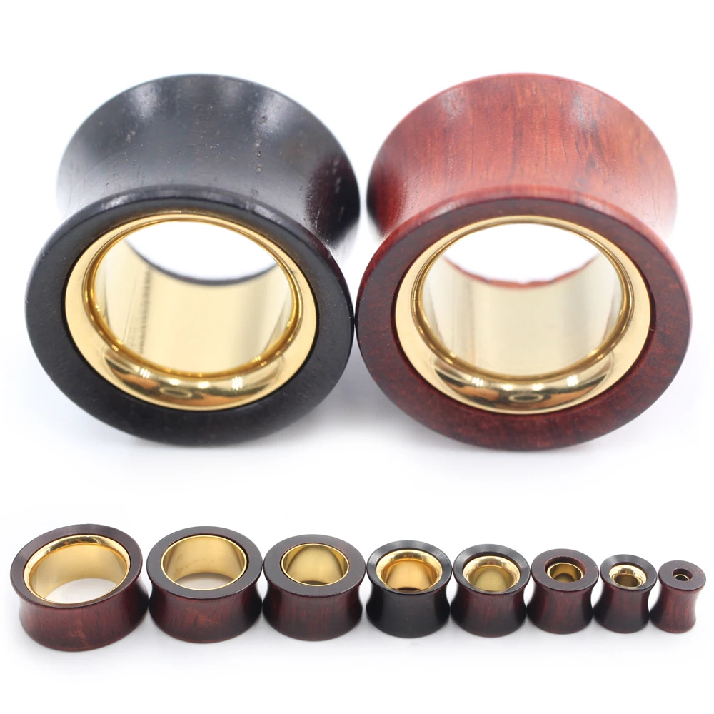 1 Stück 8-25mm Natürlicher Holz-Hohltunnel in Goldfarbe aus Edelstahl, Ohrdehner, Piercing-Schmuck