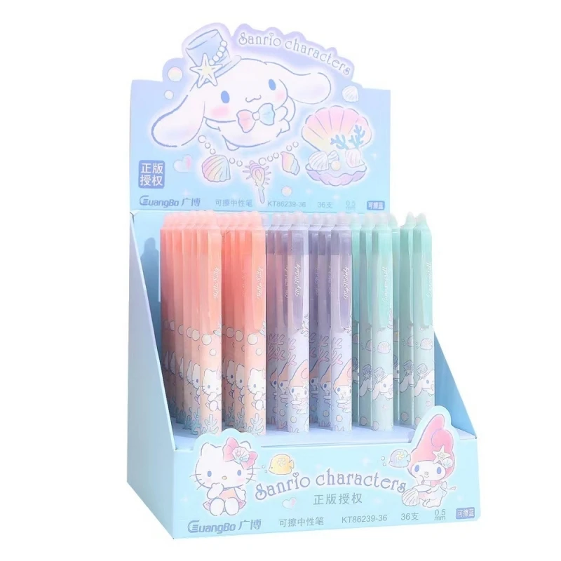 Pluma de Gel borrable, suministros escolares y de oficina, 3 piezas, GuangBo, KT86239-36, Sanrio, Hello Kitty, My Melody, Cinnamoroll, 0,5mm, tinta azul