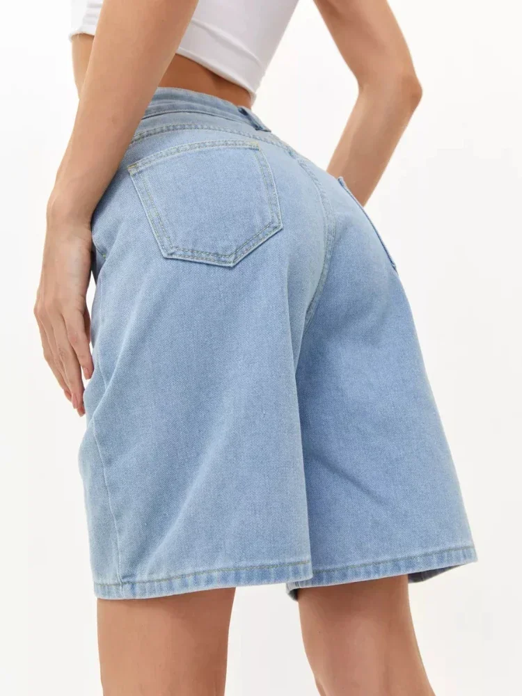 Women's High Waist Denim Shorts Dark Blue Versatile Comfortable Loose Fit Fashion Classic Leisure Shorts