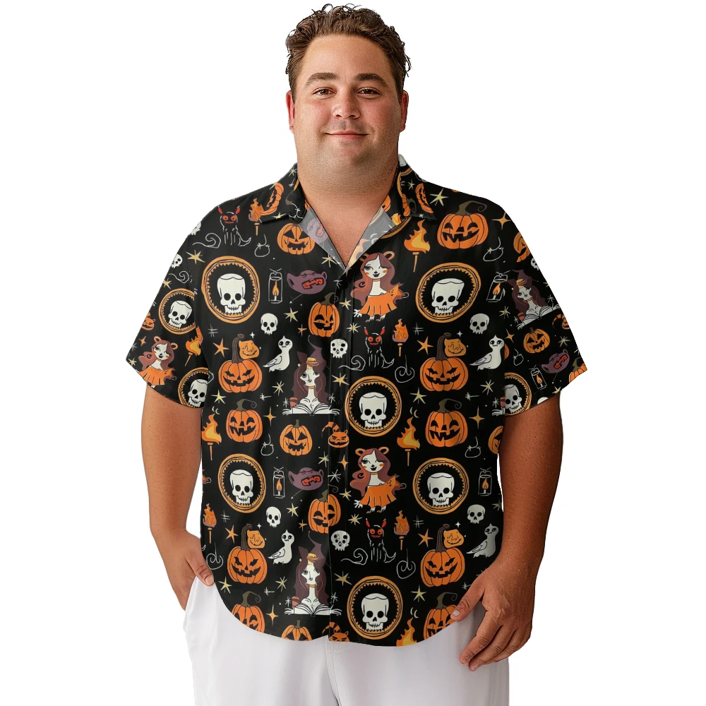 

2024 new Hawaii Men's shirts plus size Halloween cartoon pumpkin ghost skull printed clothing casual short-sleeved