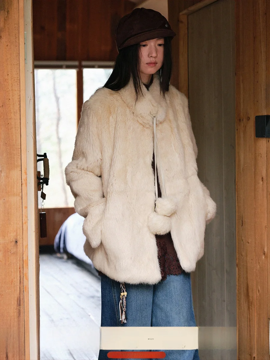 

Thiened Rabbit Fur Coat Women's Inteated Leather And Fur Jaet Winter Warm Sli Belted Outerwear French Sle Long Sl...
