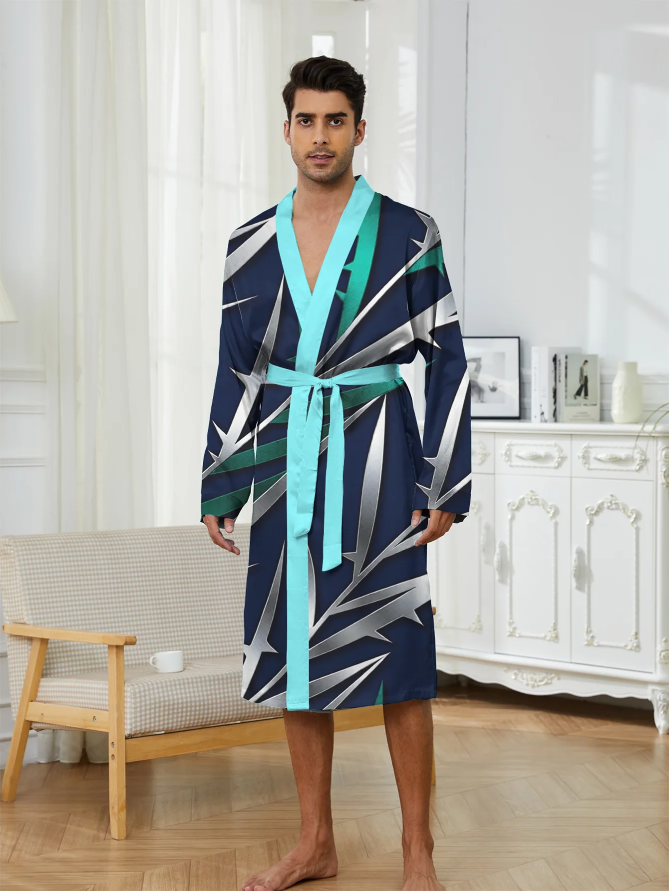 

2026 new 3D digital printed for casual and comfortable dressing gown, quick drying home fashion nightie for men