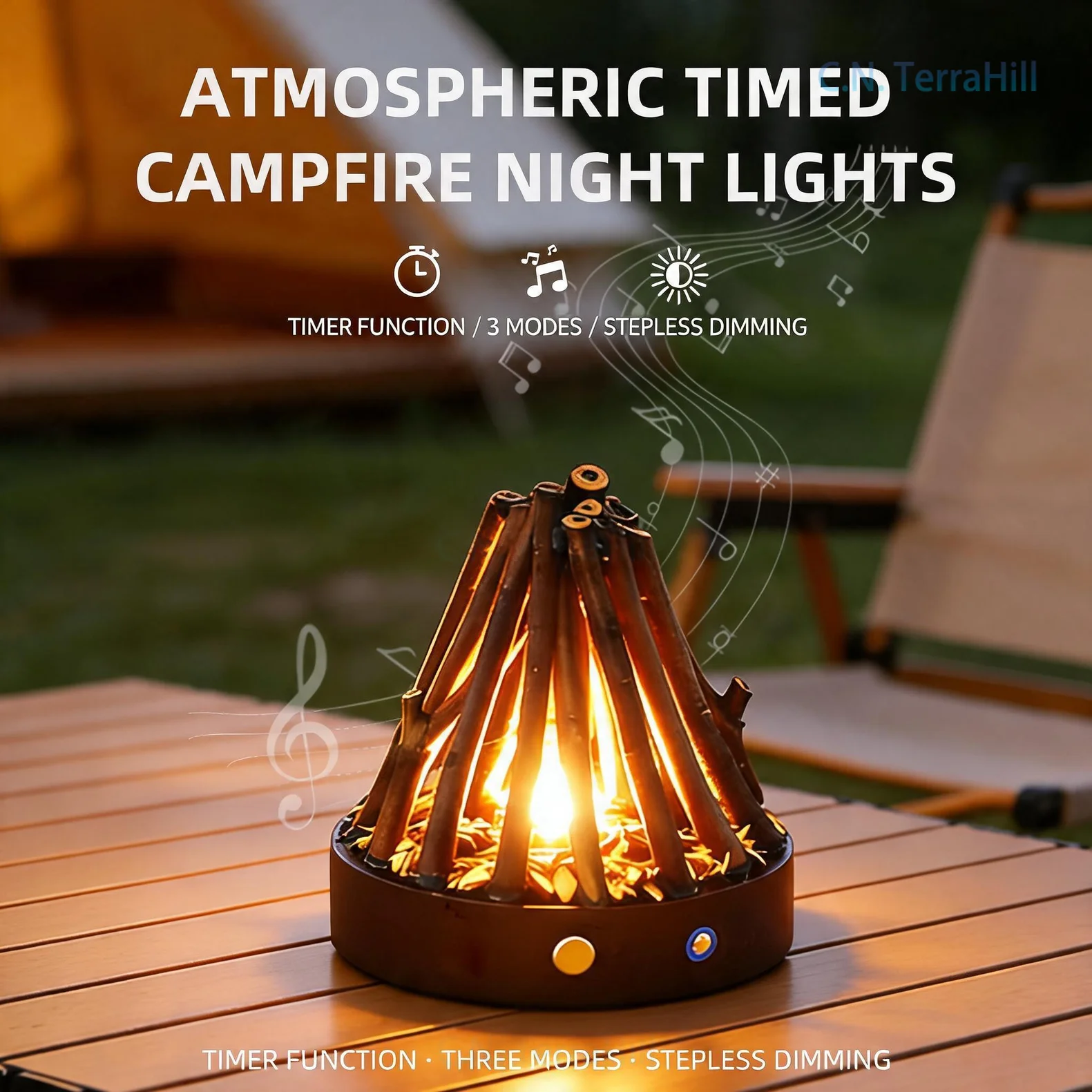 Touch Dimmable Night Light with Timer White Noise Bedside Campfire Flame Decorative Lamp Creative Gift Ambient Light