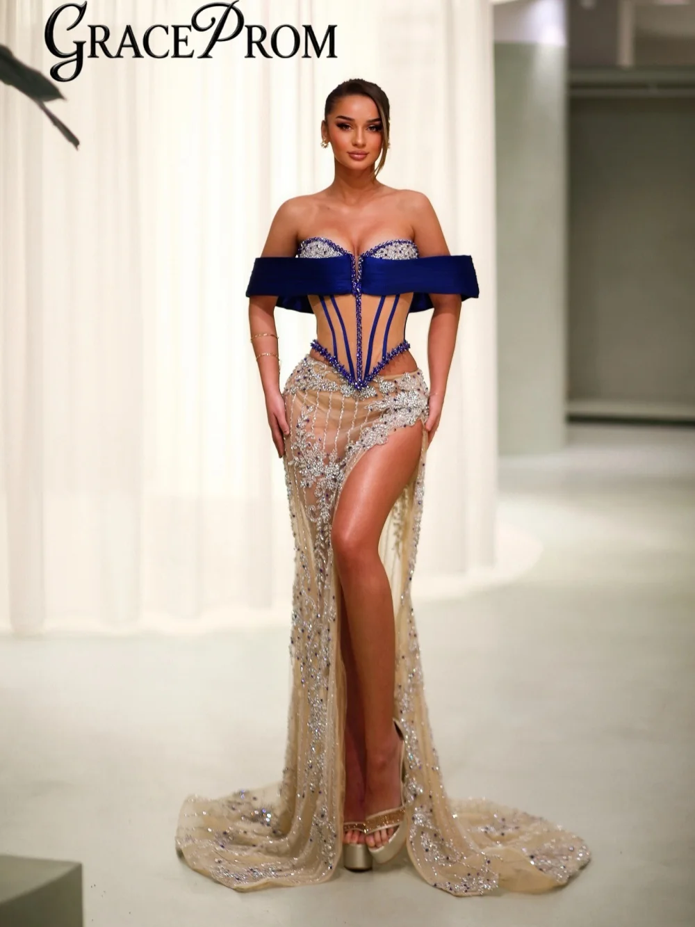 

Heavy Beaded Off Shoulder Evening Dress Glamorous Illusion High Slit Formal Party Gown Customized Mermaid Long Banquet Gowns