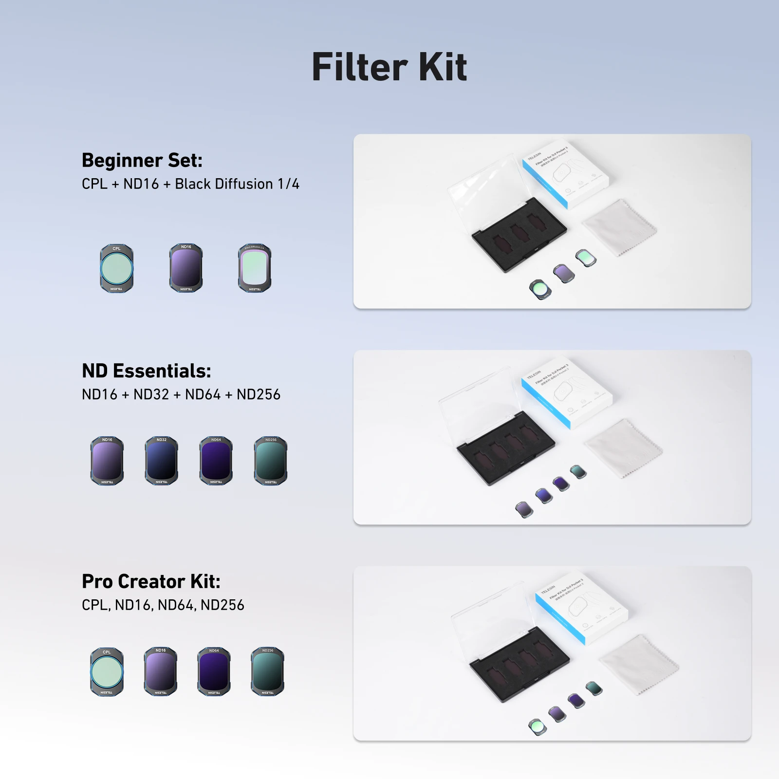 TELESIN Lens Filter Set for DJI Pocket3 CPL ND16 ND32 ND64 ND256 Black Diffusion Lens Filter Action Camera Accessories