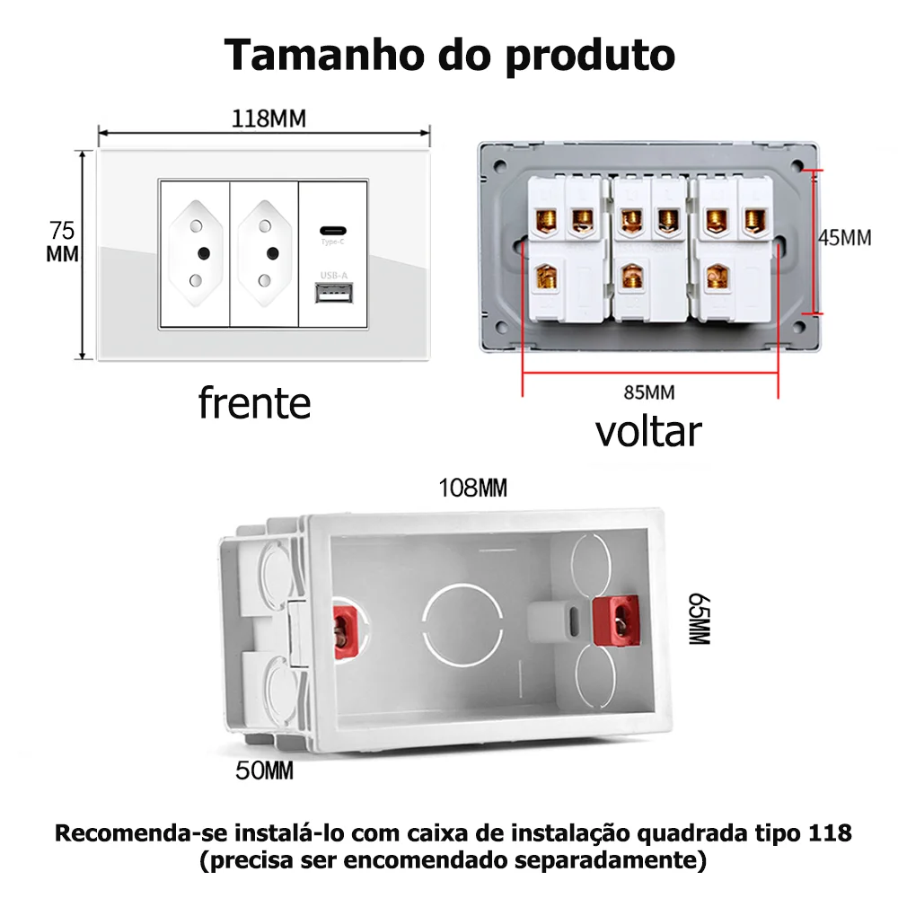 Eiomr 10A/20A Brazil Socket with USB Type-C 5V 2100mA, 118mm*75mm Tempered Glass Panel 2 Gangs 3 Pins Hole Power Wall Outlet