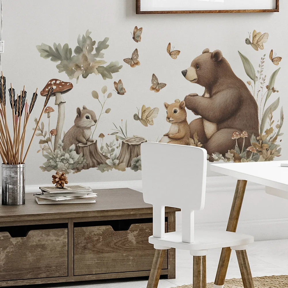 2PCS Cartoon Brown Bear Squirrel Butterfly Bedroom Living Room Commercial Place Background Landscaping Wall Sticker