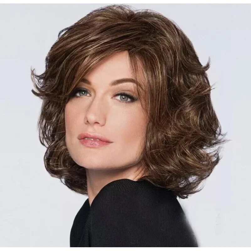 

Женский короткий вьющийся волос, темно-коричневый многослойный парик без шапочки-основы, 12 дюймов