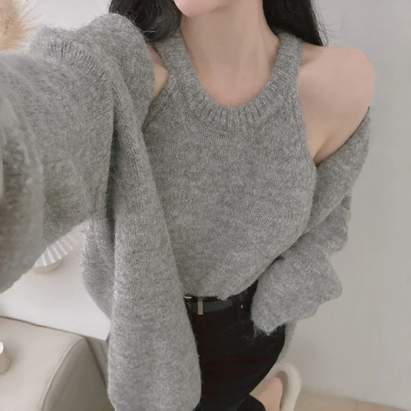 

Ленивый женский вязаный свитер, пальто, мягкий уютный комплект из двух предметов, осень-зима, милая, нежная женская модная повседневная одежда