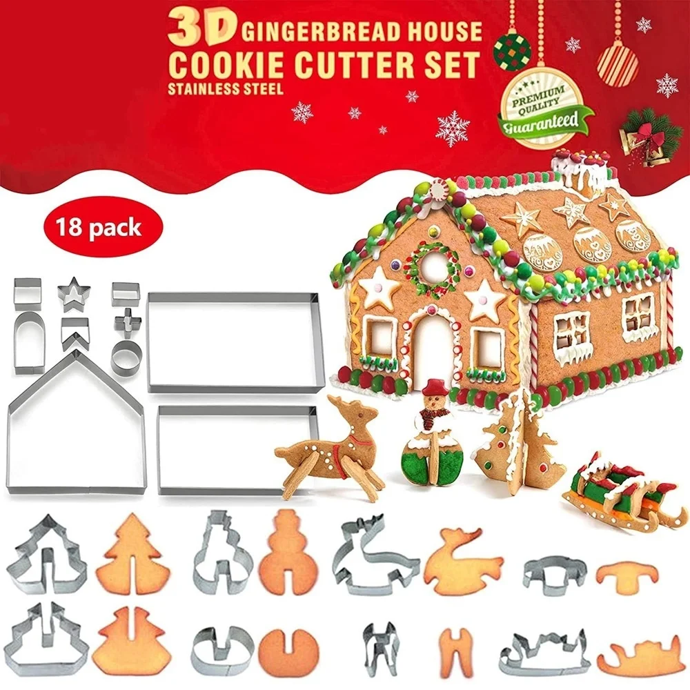 

18pcs Gingerbread House Cookie Cutter Set Stainless Steel 3D Christmas House Fondant Biscuit Chocolate Mould Baking Accessories