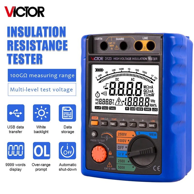 RUOSHUI 3123 High Voltage Insulation Tester 2500V Voltmeter Digital Earth Ground Resistance Meter Ohm LCD Backlight Megometro