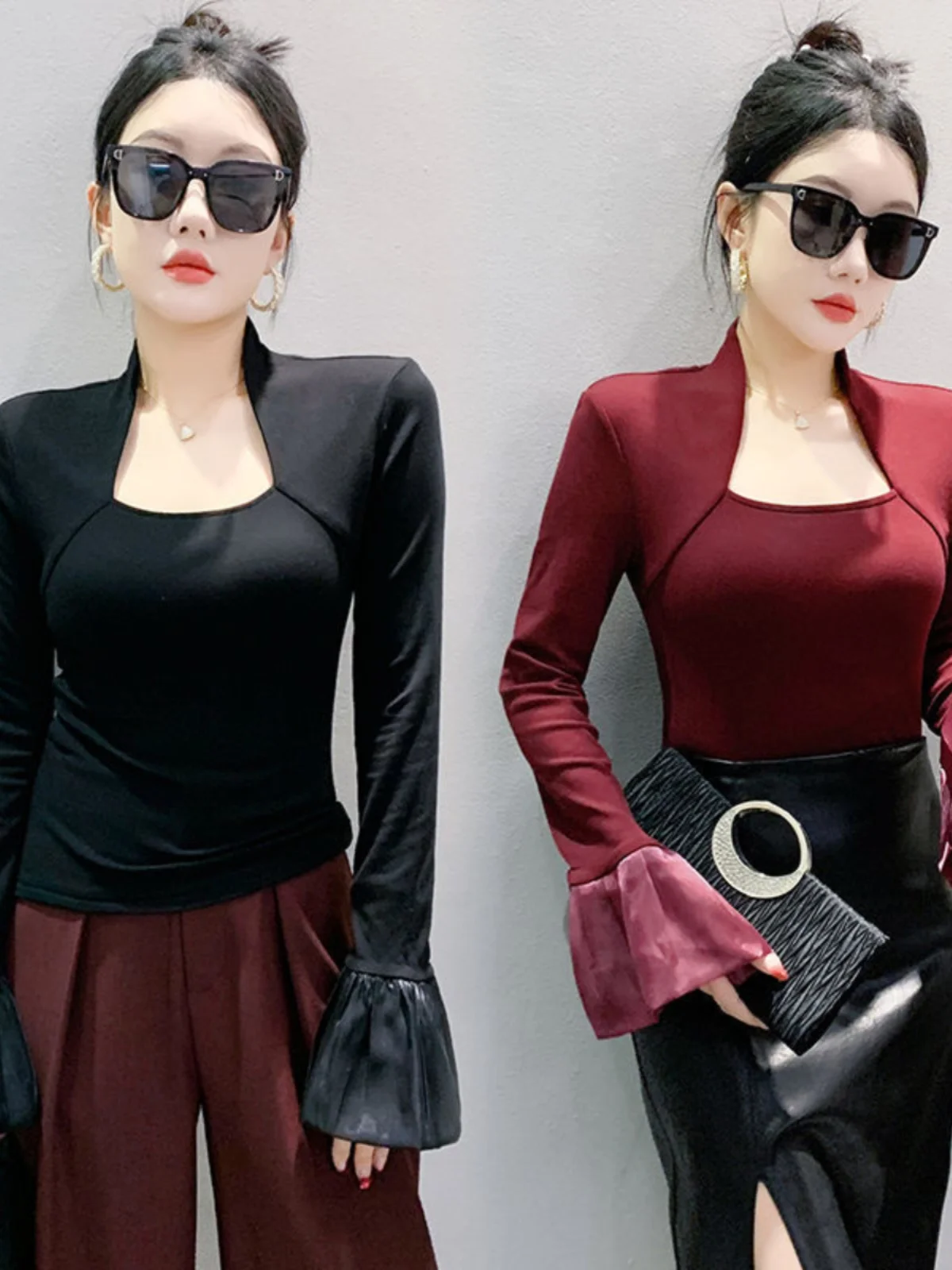 

Autumn Winter New Sle Slim Fit Square Collar Long Sve T-irt Faionable Bell Bot Base irt Casual Polyester Blend