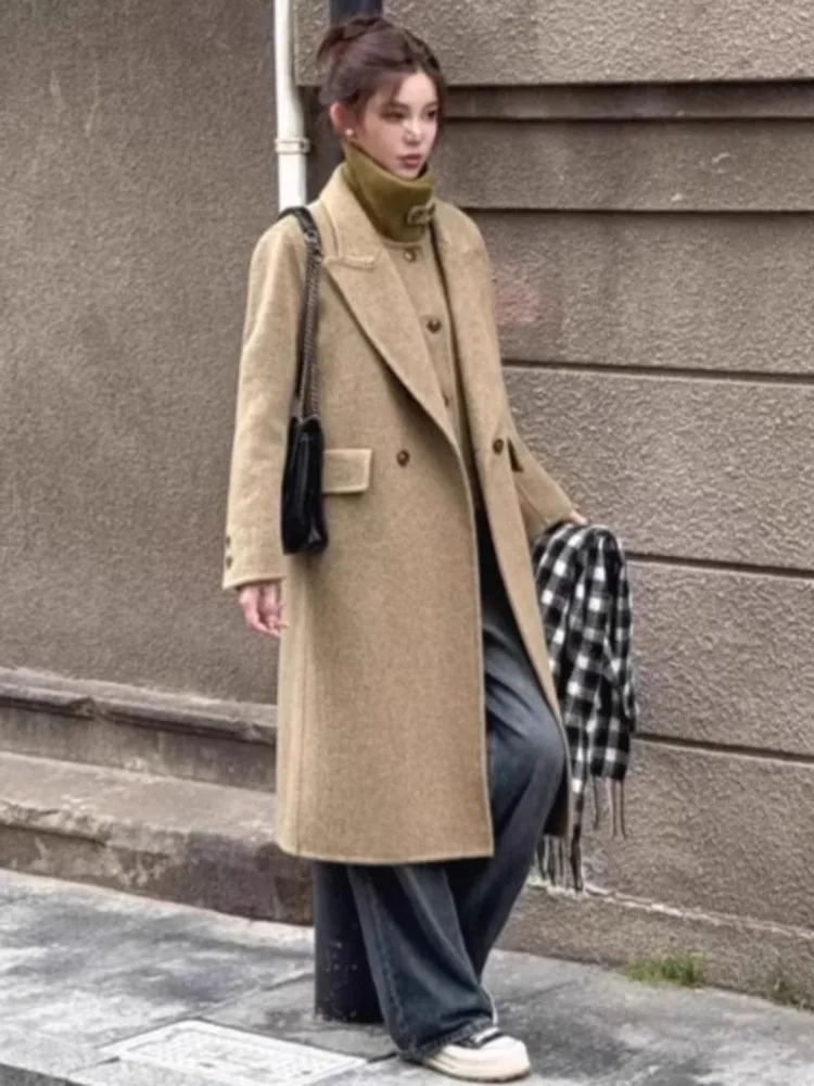 ZMEENNA Klassieke grijze wolmix lange jas met dubbele rij knopen, revers en zakken voor dames, stijlvol voor dagelijks gebruik ZM3498