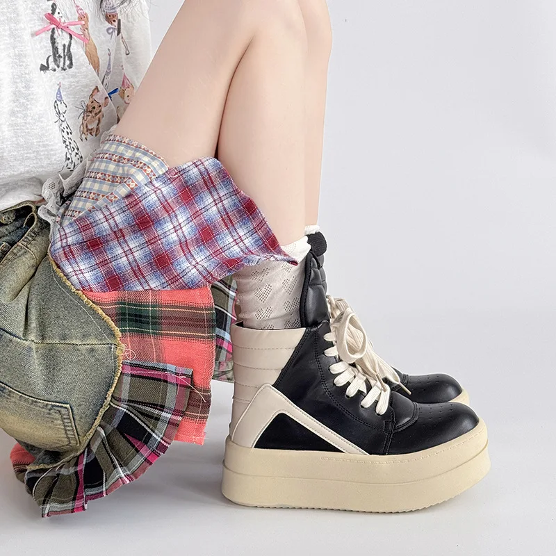 

Casual Sneakers Women Fashion Short Boots For Women Versatile Retro Patchwork Thick Soled Platform Lace Up Flat Shoes