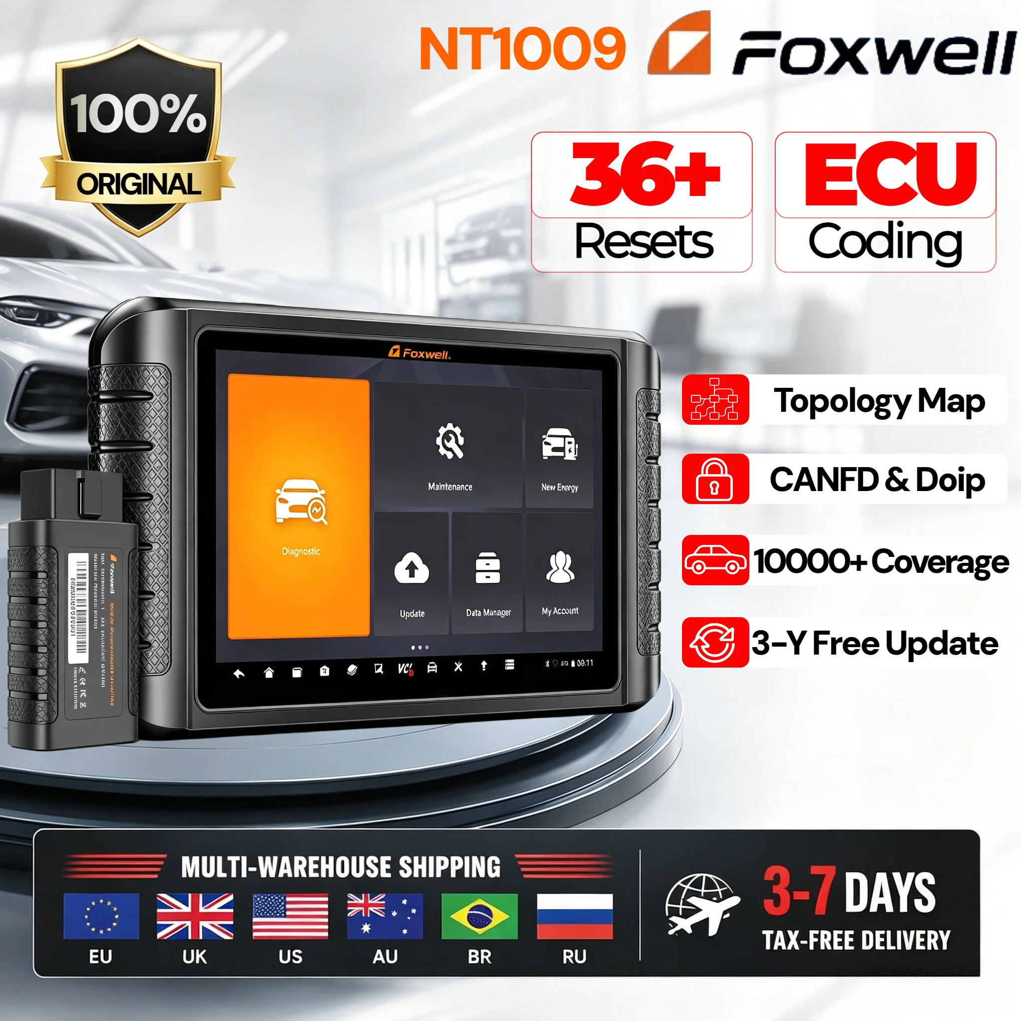 

FOXWELL NT1009 BT OBD2 Scanner 2026 Topology Map 36+ Resets ECU Coding Bidirectional CAN FD DoIP Full System Diagnostic Tool