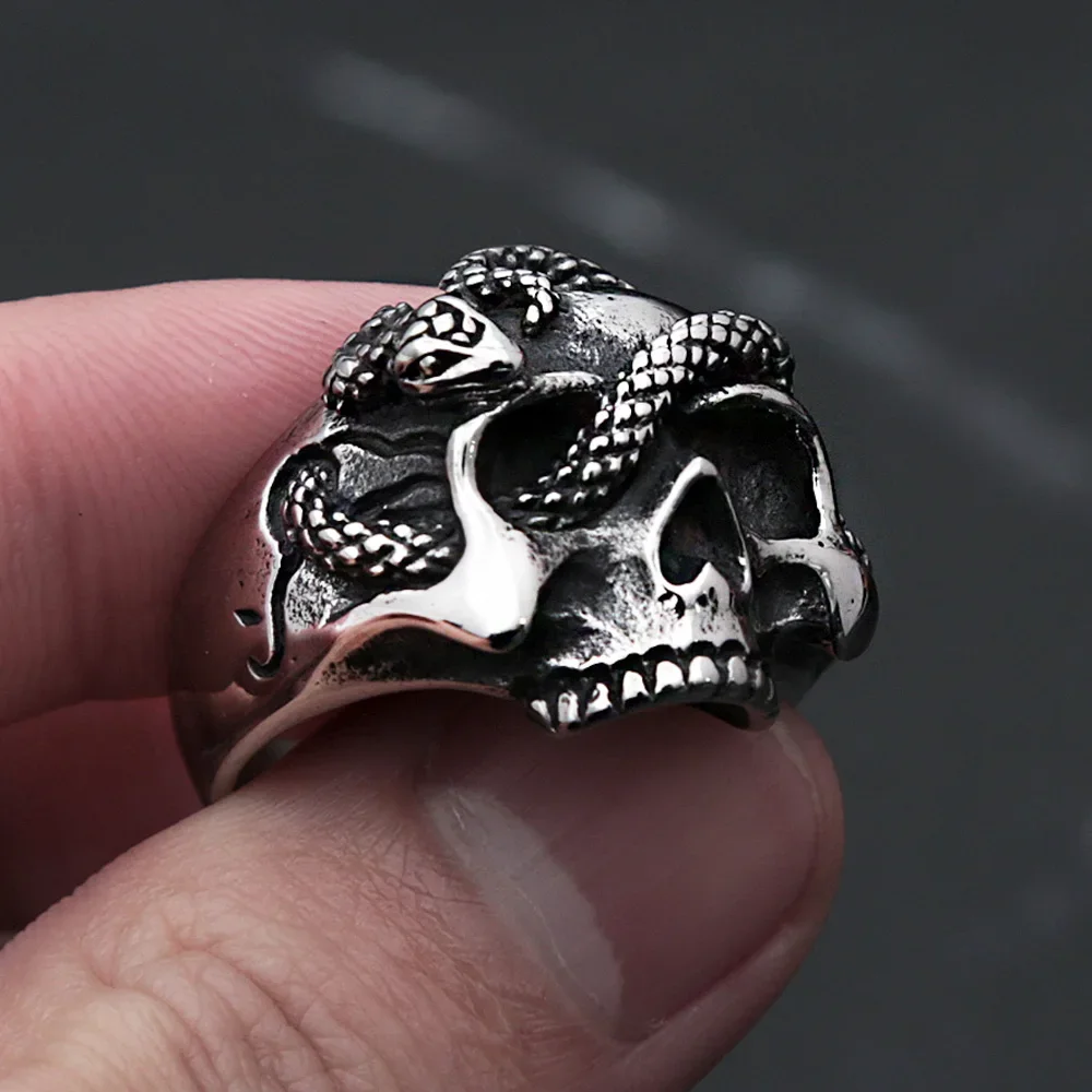Vintage Punk Hip Hop Snake Skull Ring Pierścionki ze stali nierdzewnej dla mężczyzn Biker Unikalna biżuteria Amulet dla zwierząt Prezent Dropshipping