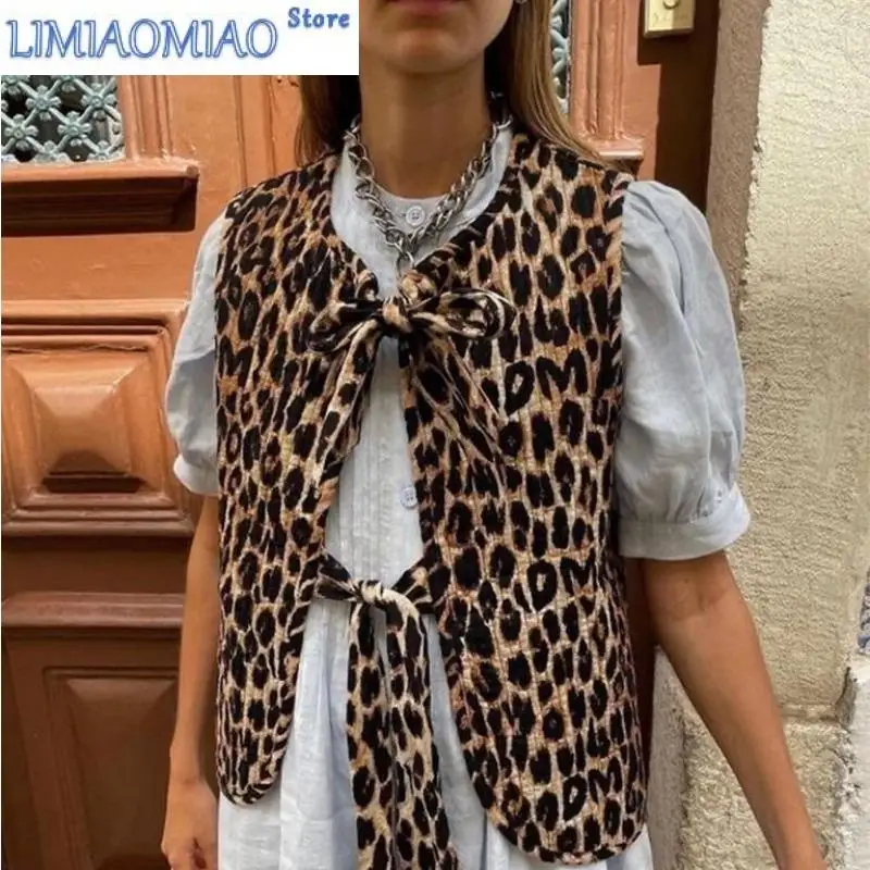 Golf Women Short Jacket Leopard Print Tops Cardigan Lace-ups  Coat Bow Tie Vests Casual Outerwear Chic Clothing Loose