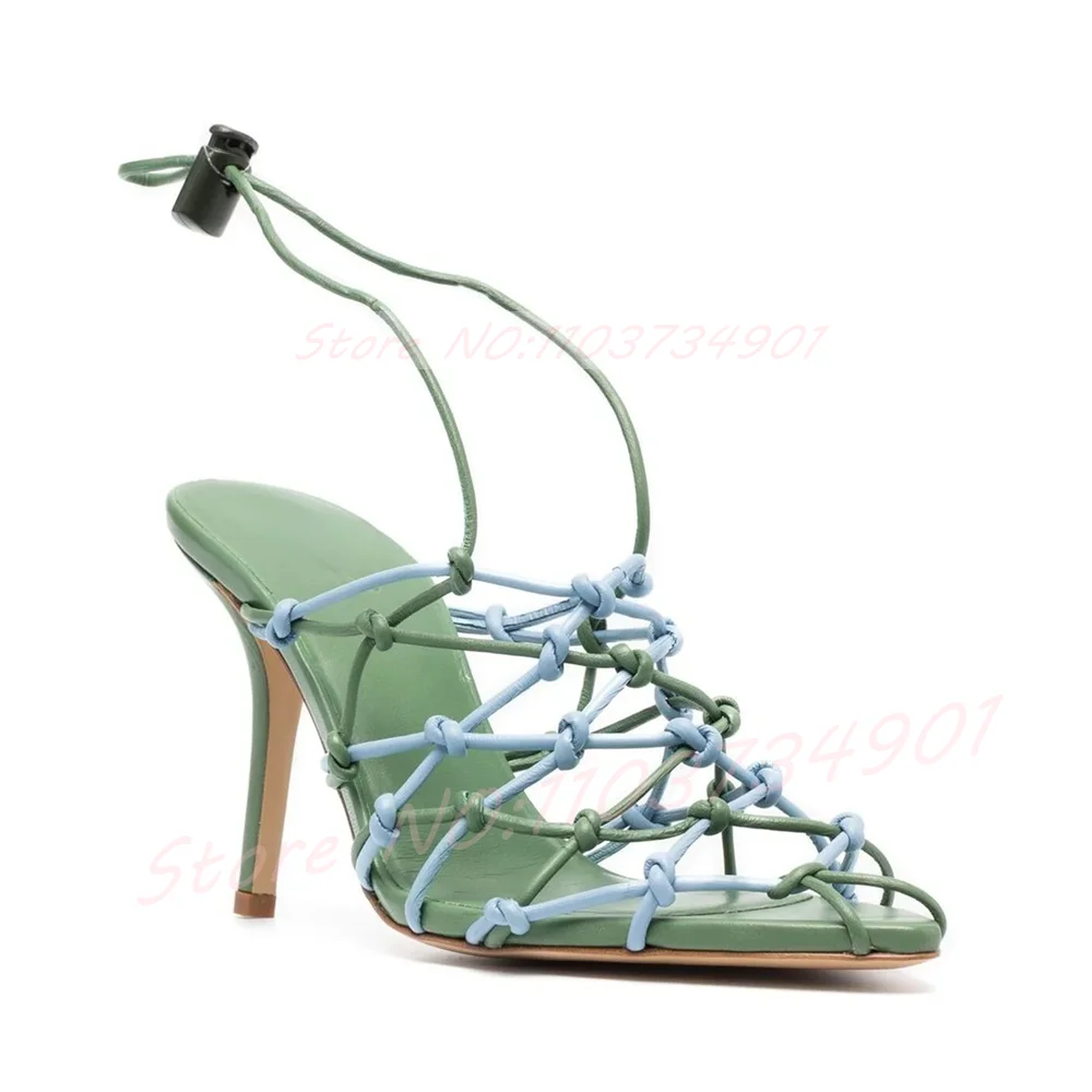 Woven Knot Cage Toe Stiletto Sandals Women Green Leather Color-Blocking Slingback Ankle Tie Shoes Fashion High Heels Sandals