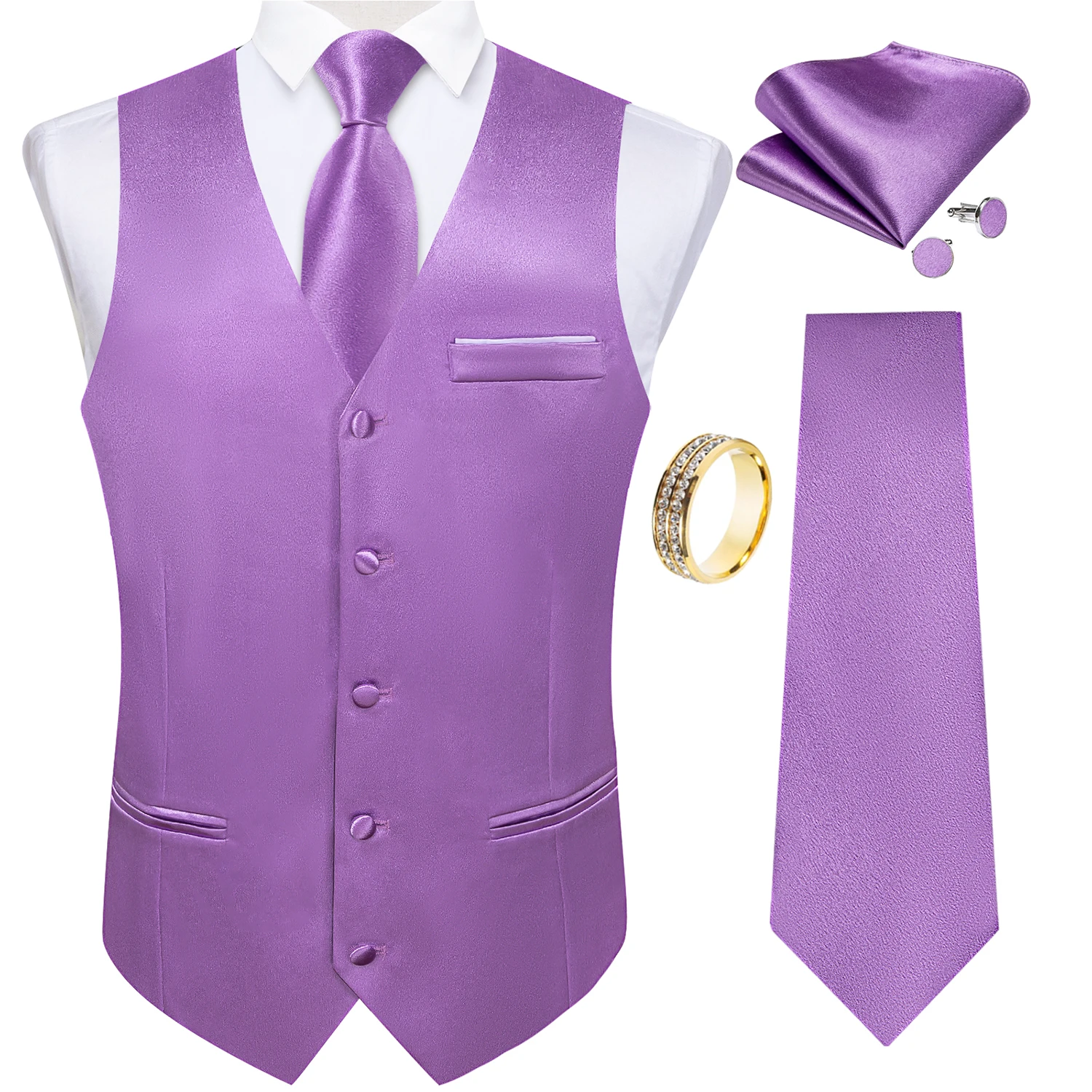 Lavender Solid V-Neck Vest 5Pcs Set Tie Pocket Square Cufflinks Gold Ring For Wedding Guest Evening Banquet