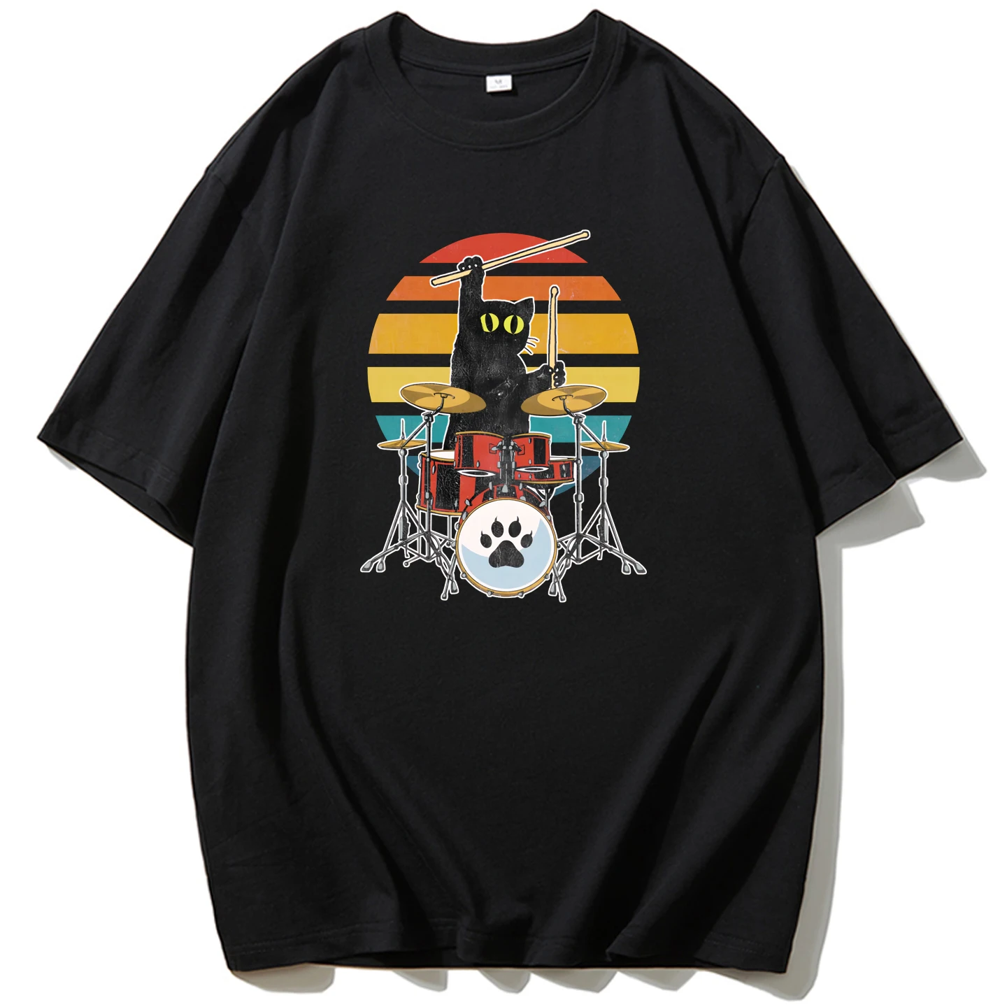 

Cat Musical Instrument Fun Printed T-Shirt for Drums Men's and Women's Loose and Breathable Large Size Short Sleeve Top