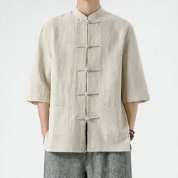 Chinese Style Men's Summer Cotton and Linen Shirt Retro Stand Collar Half Sleeve Top  Chinese Kong fu Suit Men Hanfu Men CN-193