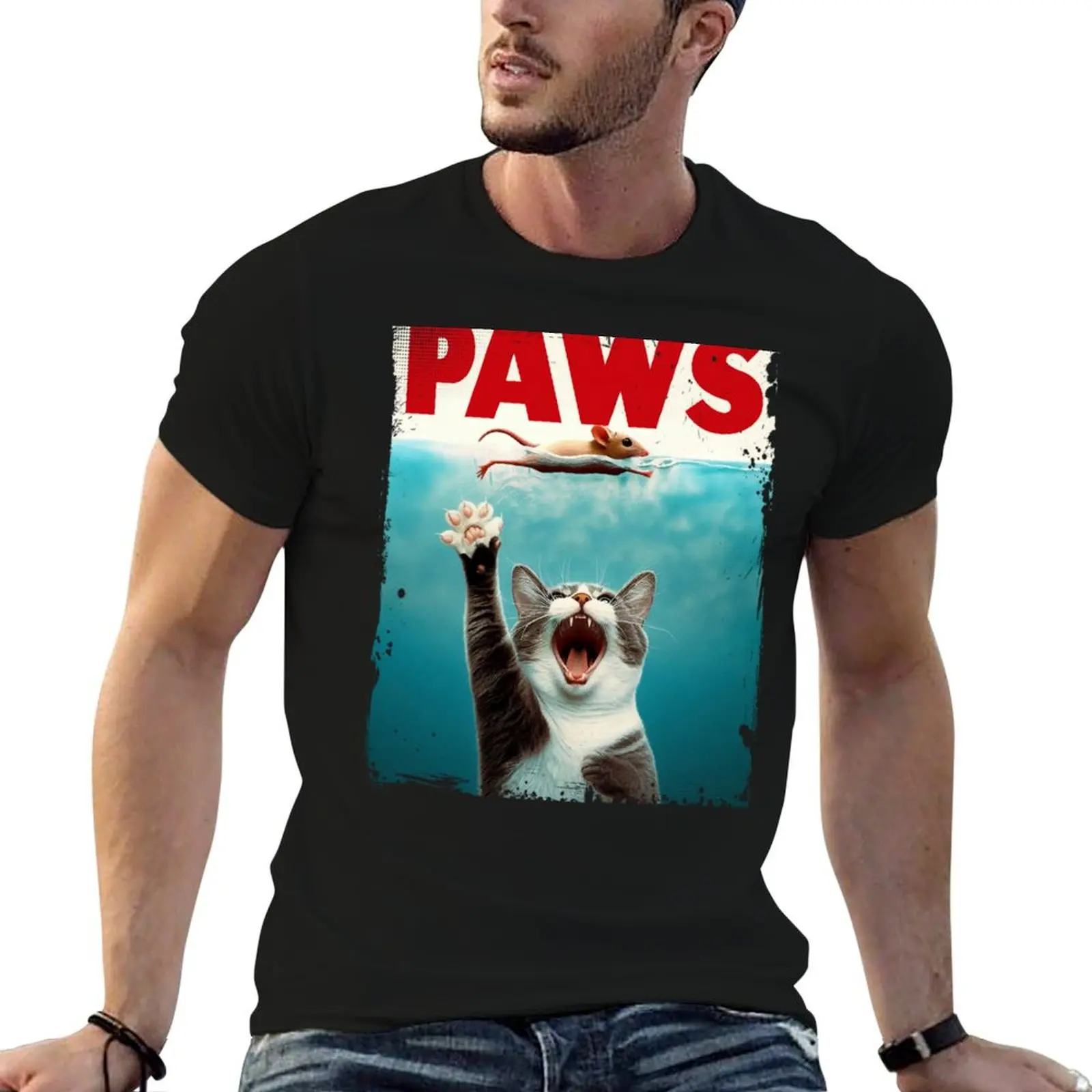 Jaws - Paws, funny cat catching a mouse T-Shirt Tough Fabric Work Tee