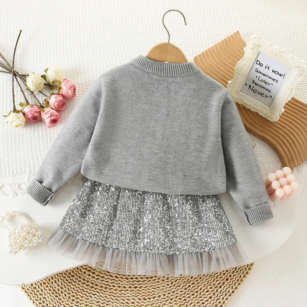 2-7 Y Girls Sweater Suits Feather Knit Cardigans Coat Trendy Sequins Skirts 2Pcs Children\'s New Years\' Clothes Kid\'s Outfit