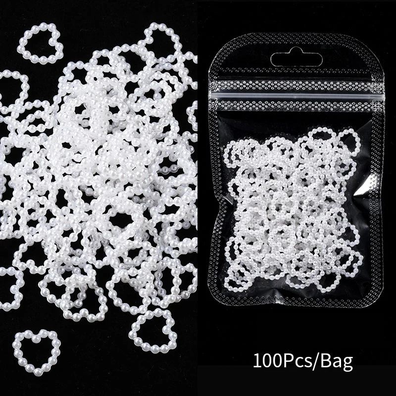 100Pcs Hollow Heart Pearl 3D Nail Art Charms Flatback Beads Parts Nail Accessories Acrylic Ball Flower Rhinestones Decoration