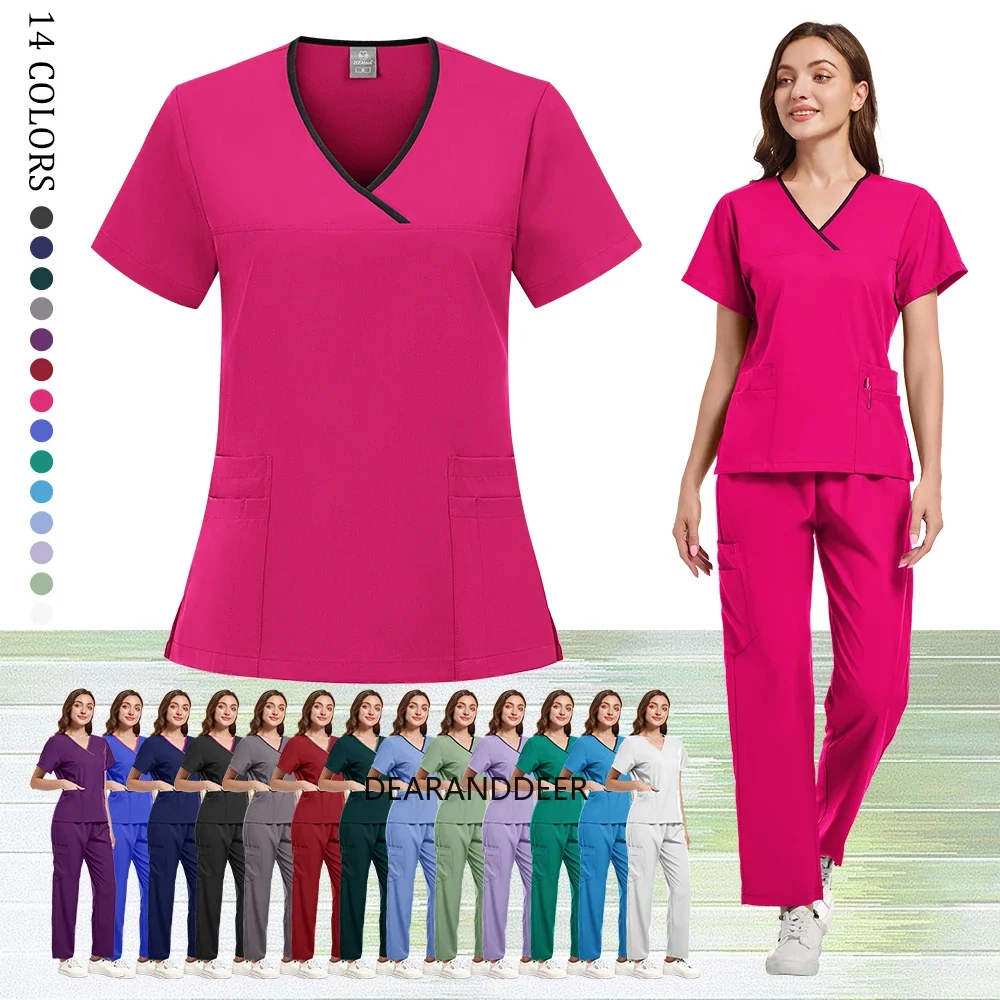 Pure color pocket V-neck pet hospital dental clinic nurse uniform two-piece nursing home caregiver medical matte clothing