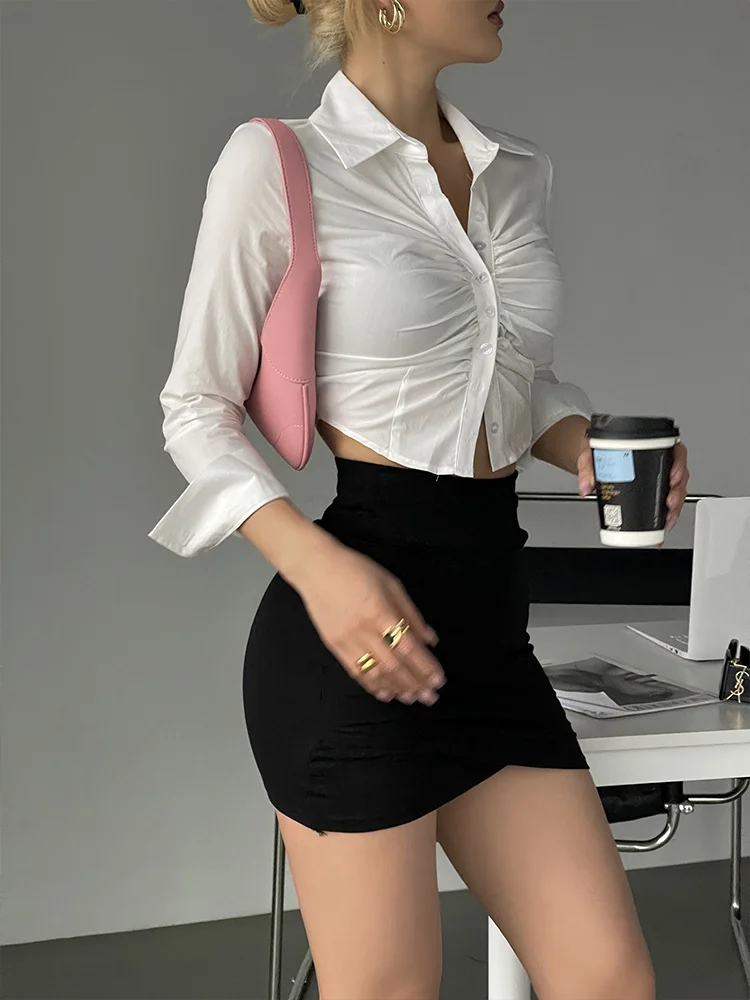 WOMENGAGA Pleated Long Sleeve Open Waist Shirt Women Summer New Spicy Girl High Waist Hot Sexy Korean Women Blouse K47E