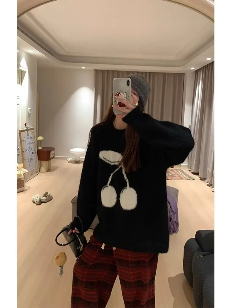 Korean Fashion Gray Round Neck Pullover Cherry Sweater Women's Autumn and Winter Loose Thick Mid Length Top Female Clothing