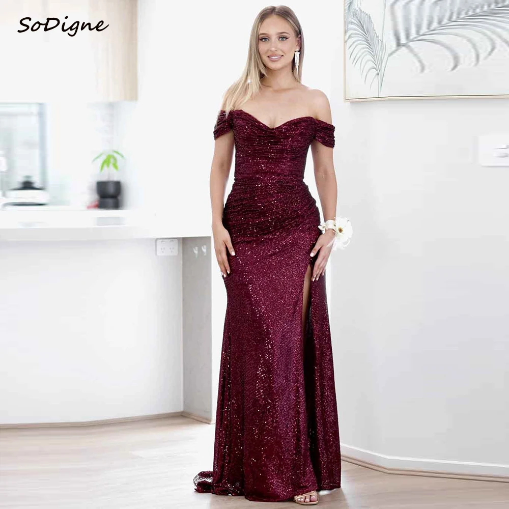 

SoDigne Mermaid Glitter Elegant Bridesmaid Dresses Off Shoulder Sequin Split Gowns for Women Long Wedding Gust Dress Customized