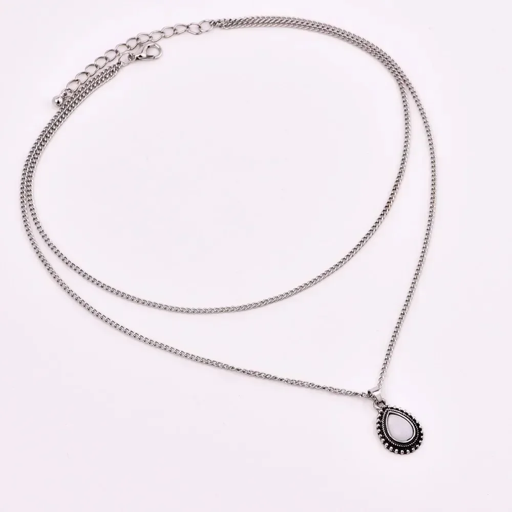 FSUNION 2025 New Vintage Silver Color 2 Layer Drop Stone Pendant Necklace Fashion Jewelry for Women Birthday Party Chokers Gifts