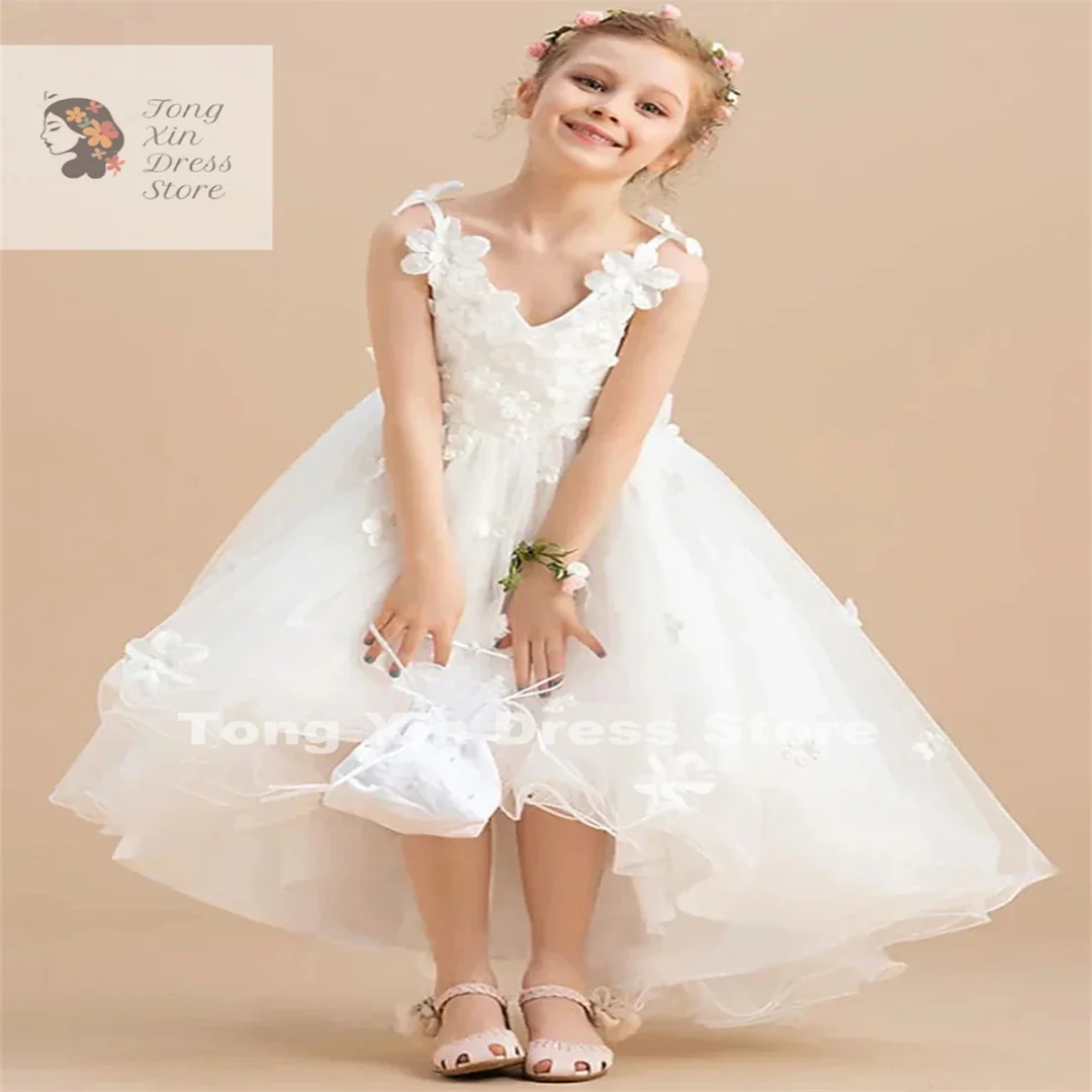 White Flower Girl Dresses Tulle Lace Appliques Party V-neck Suspenders Ball Gown Elegant First Communion Beauty Pageant Wear