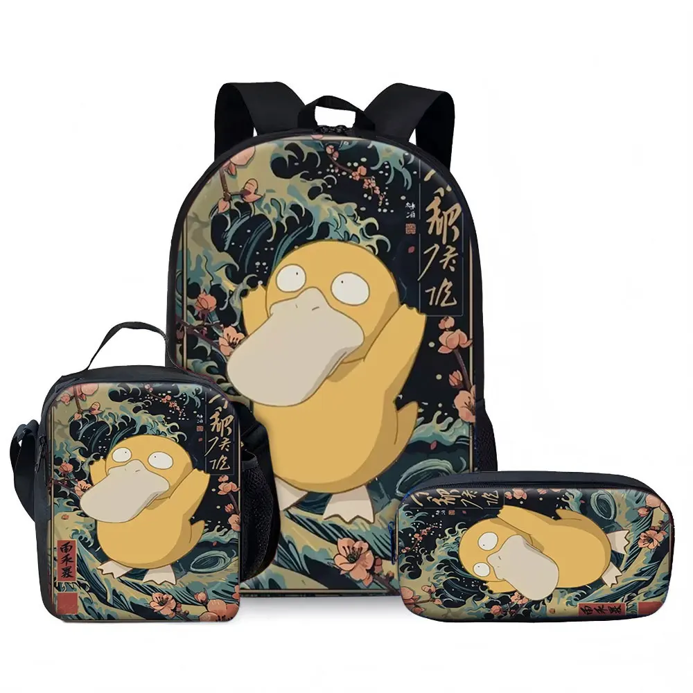 Kids Bag, Pokemon Anime, 3pcs Backpack Set Psyduck Cute Duck Confused Expression Waves Cherry Blossom Vintage Japanese Ukiyo-