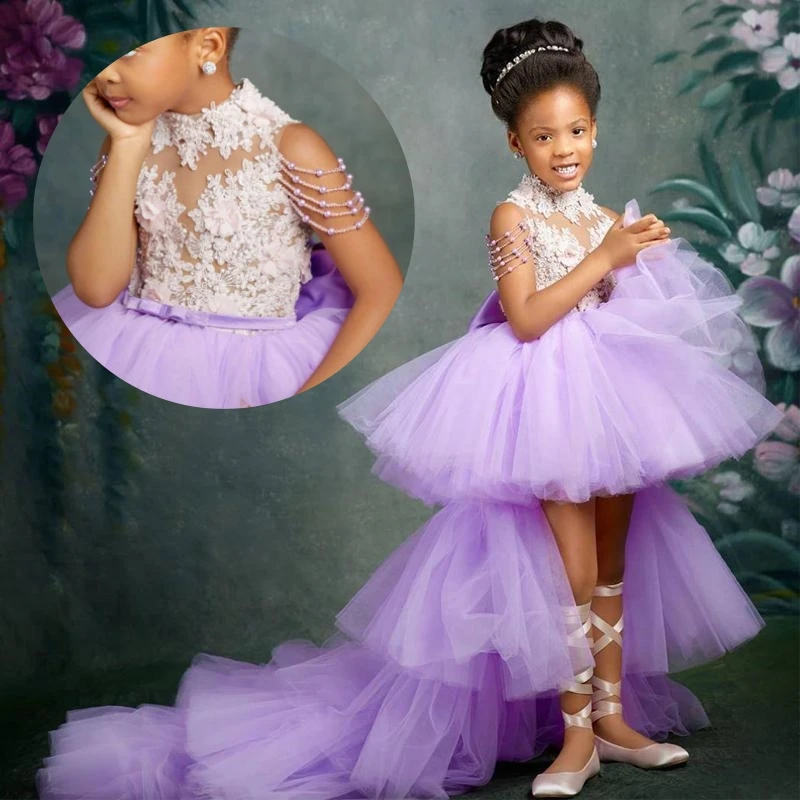 Elegant Flower Girl Dress Lavender Tulle Fluffy With Beaded Lace Appliqu Kids Birthday Assymetrical Party Evening Ball Gowns