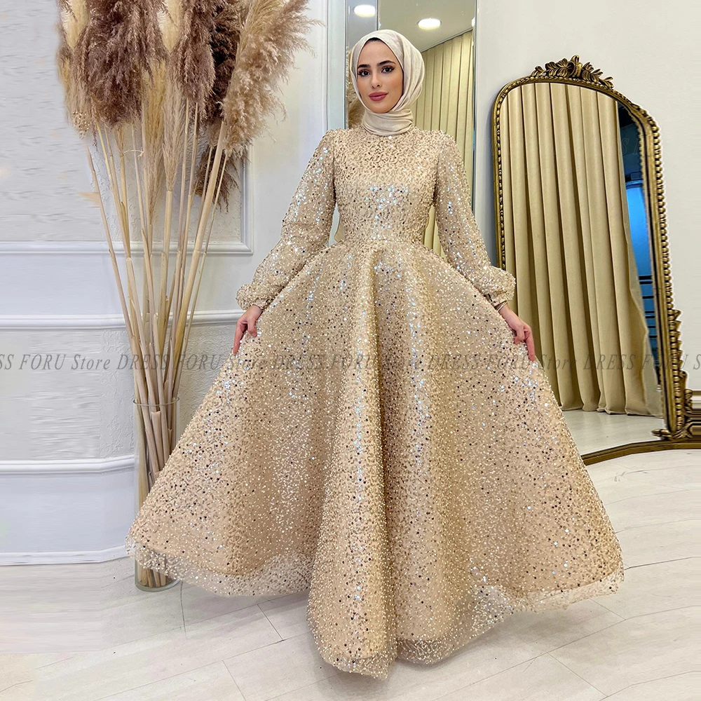 

Glitter Muslim Evening Dresses Floor Length Puff Sleeve Bead Lace Kaftan Formal Wedding Party Gown For Woman High Neck Fiesta