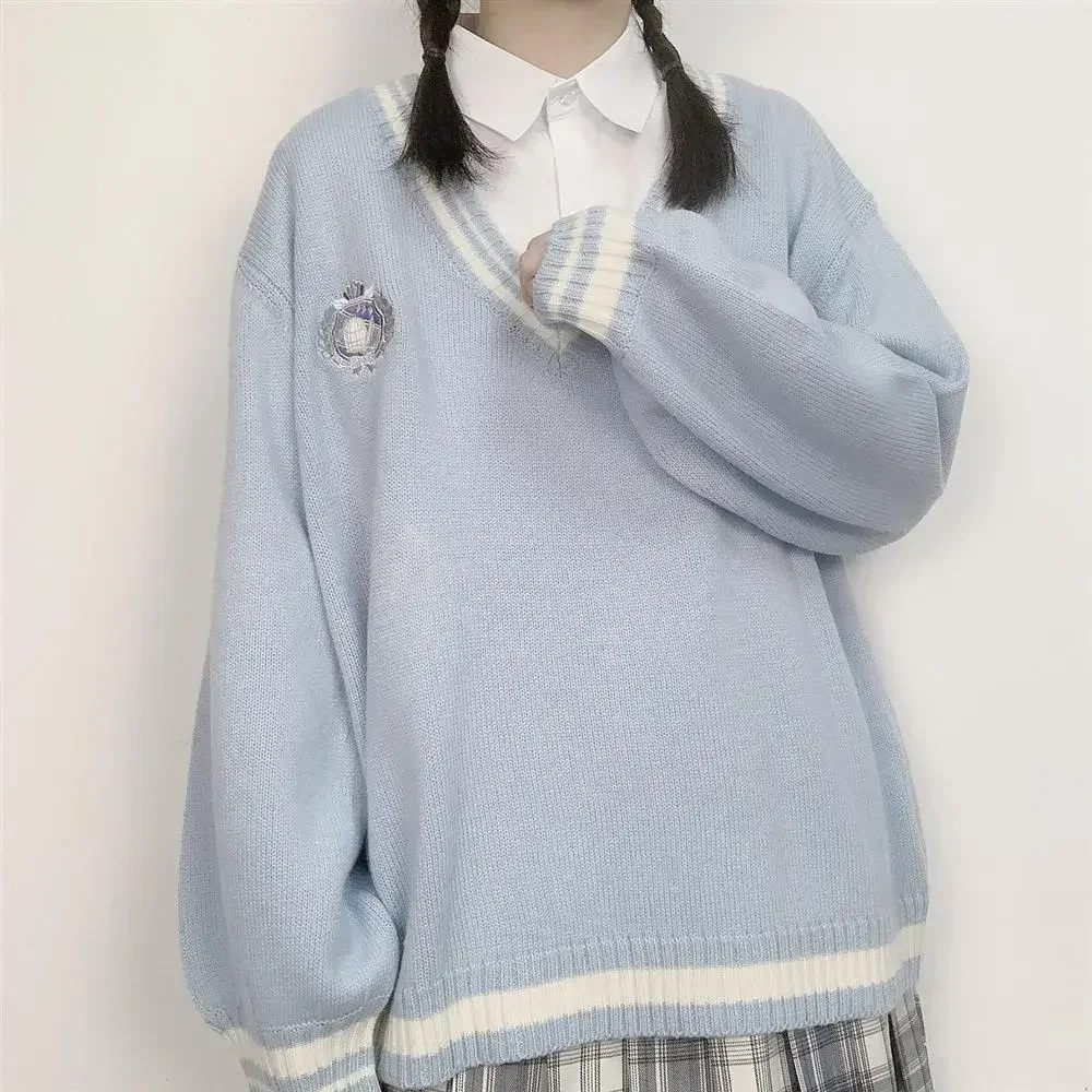 School Knitted Female Loose Pullover Japanese V-neck Uniform Style Sweet Sweater Tops Student College Korean Outwear