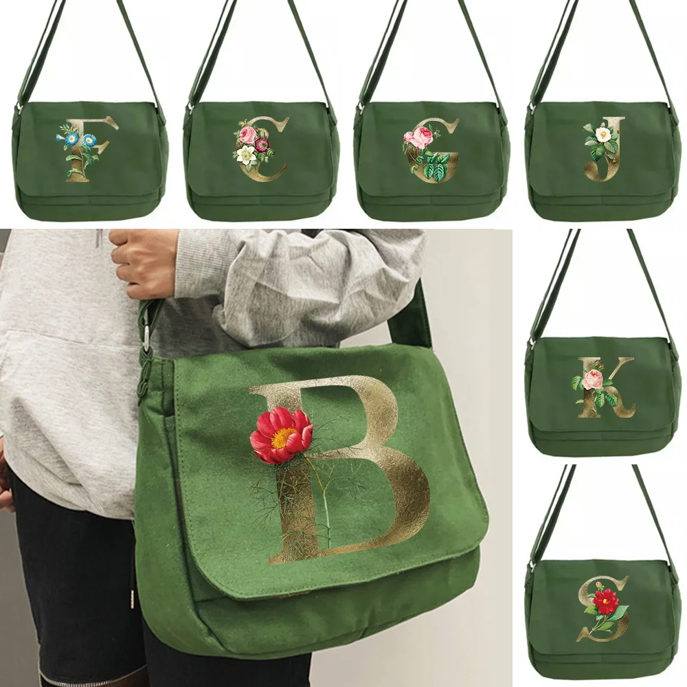 Bolso de lona con estampado de flores doradas y verde, bolso bandolera con diseño de oso, bolso de hombro informal, bolso de compras, bolso de mano para chica