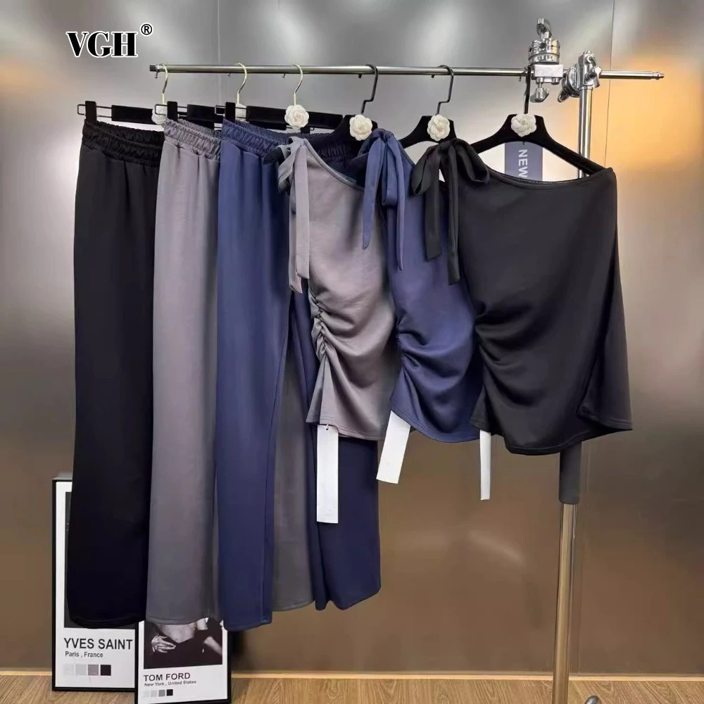 

VGH Two Piece Set for Women Diagonal Collar Long Sleeve Slimming Spliced Lace Up Split Top Elastic Waist Wide Pant Suits Female