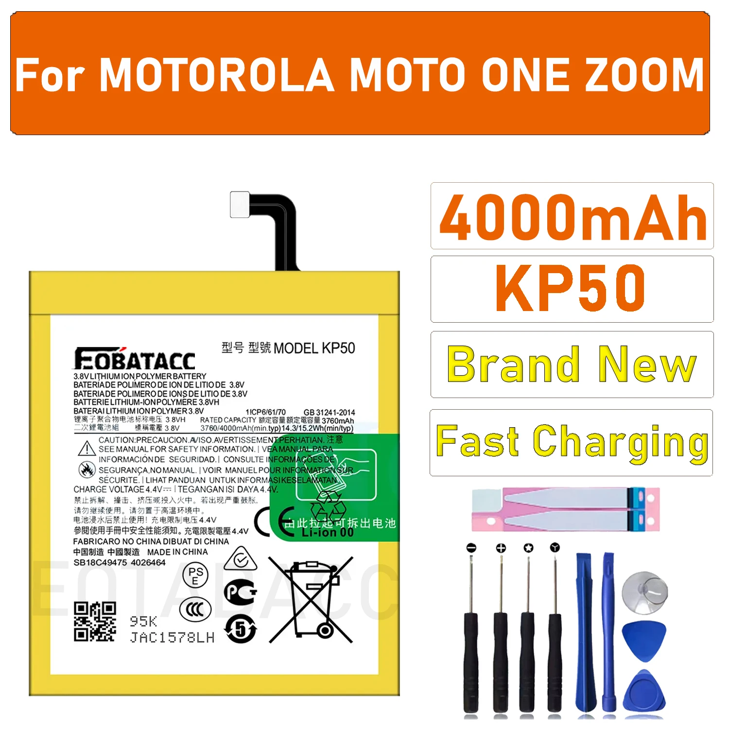 

2025 Years EOBATACC New 100% Original Battery KP50 For Motorola ONE ZOOM Batteries + Free Tools