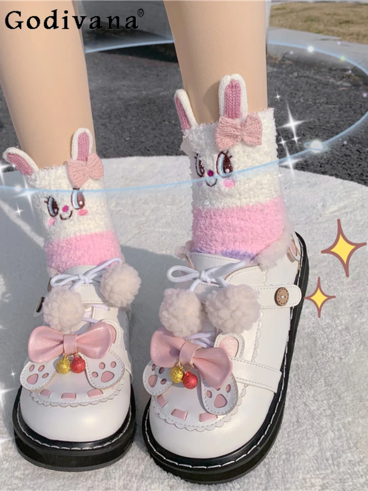 

Sweet Cute Lolita Women Fleece-lined Low Heel Shoes Japanese Style Elegant All-Match Round Toe Cross Strap Mary Jane Shoes