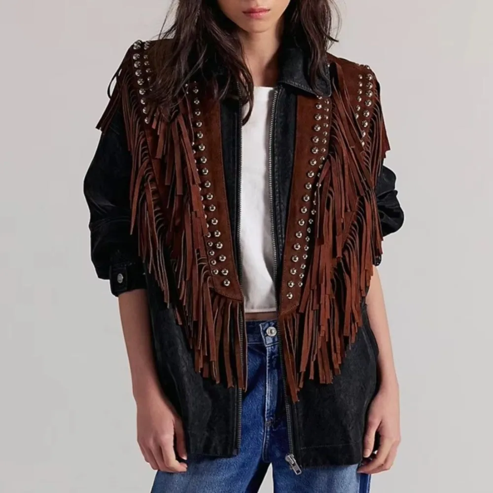 Vintage Faux Suede Sleeveless Vest Studded Tassel Fringe Boho Cardigan Shawl Collar Open Front Cowgirl Jacket Western Outfit