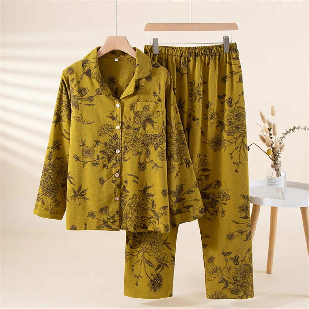 

Spring Autumn Print Floral Women's Pajama Set Cotton Crepe Long Sleeve Long Pants Two Piece Set Loose Enlarged Home Clothes