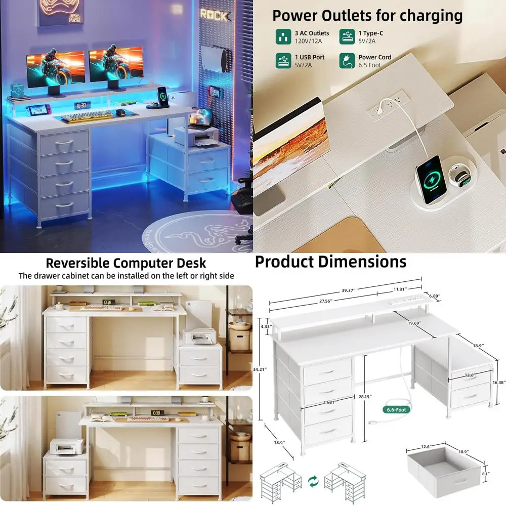 

Белый двусторонний домашний офисный стол 52x52 дюйма с 6 ящиками, местом для принтера, подставкой для монитора и розетками
