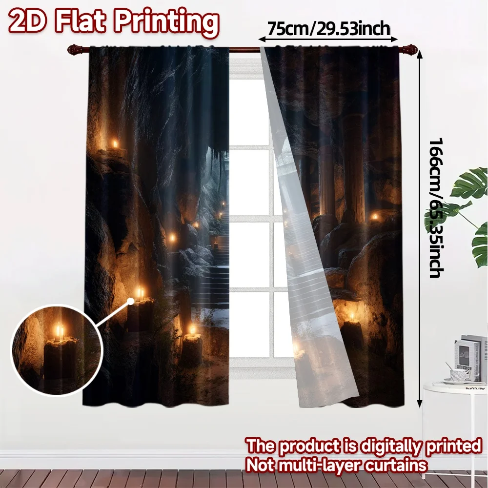2pcs, 2D FLAT PRINTING Curtains (Without Rod) Ancient Cavern Modern Curtains Versatile 100% Polyester Curtains Decorations