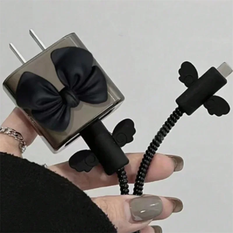 5pcs Black 3D Love Bow Charging Data Protector Winder Accessories For iPhone 11 12 13 14 18W-20W Charger Clear Protective Cover