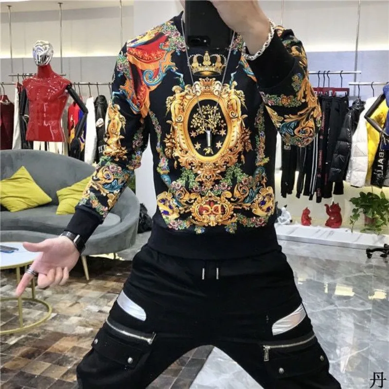 Men's Slim-Fit Long-Sleeved Sweatshirt Fleece-Lined Thickened Korean Style Fashion Brand Distinctive Print Pattern